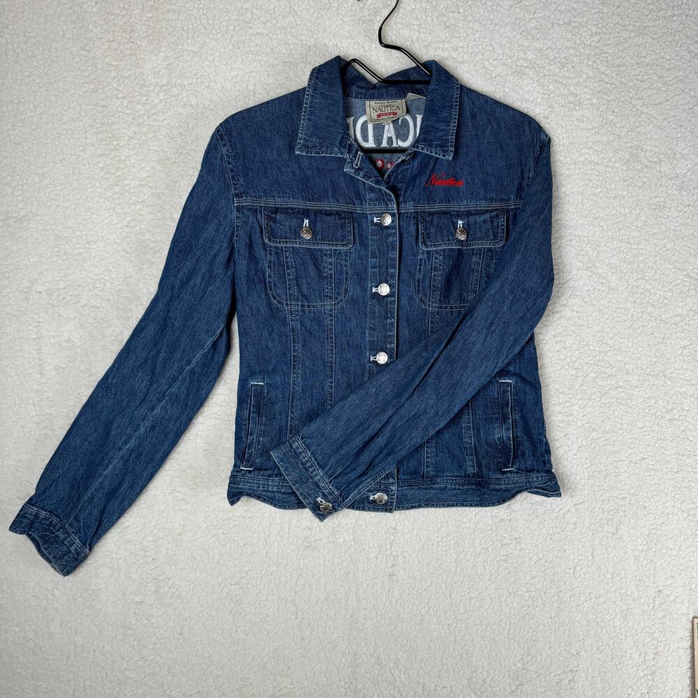 Vintage Nautica Denim Jacket 90s Moto Embroidered Biker Casual Fitted Punk‎